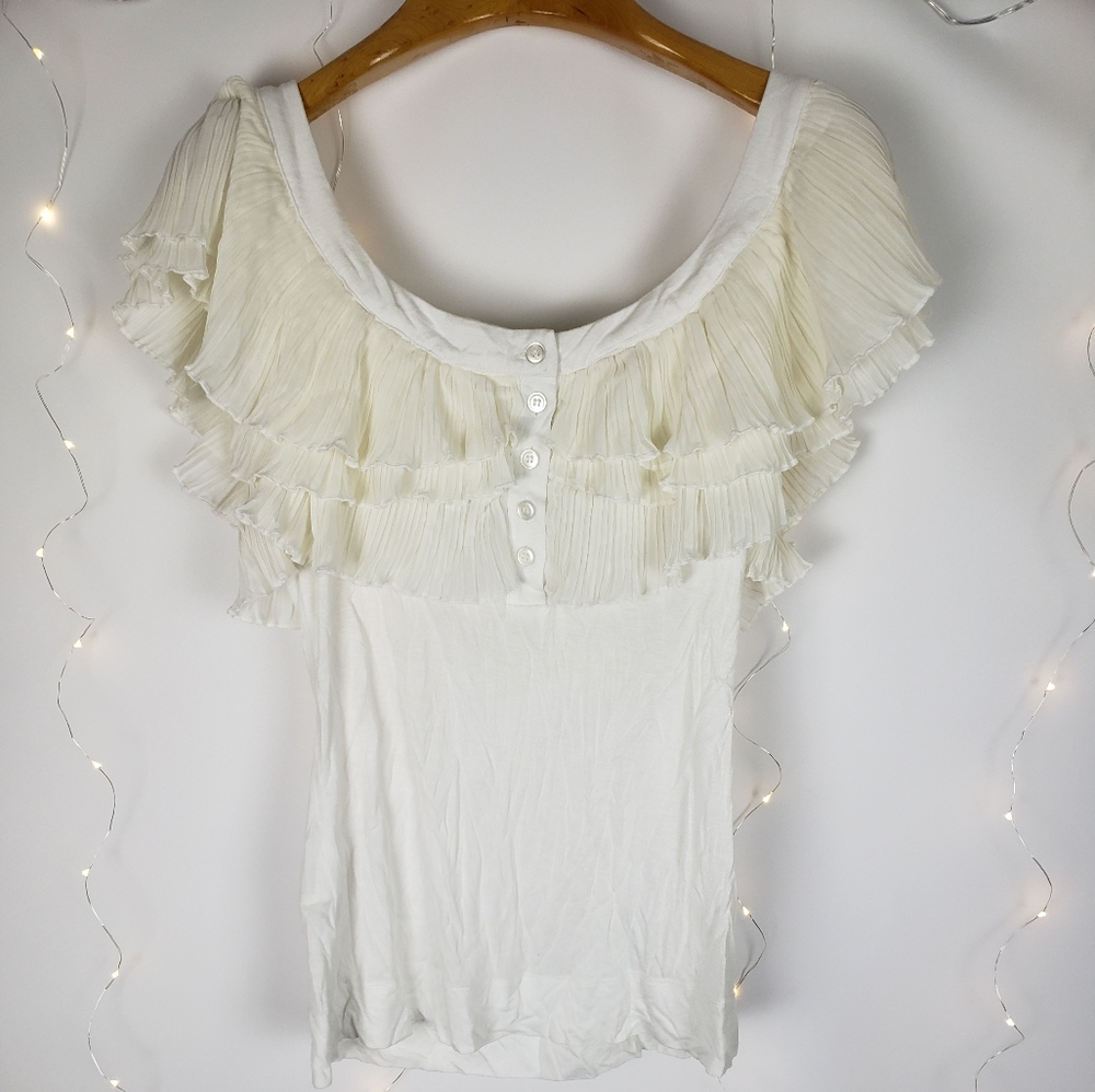 BCBG White Ruffle Short Sleeve Blouse Large